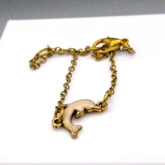 Vintage Enamel Dolphin Chain Bracelet, Dainty Pale Coral on Gold Tone, Beach - Picture 1 of 3
